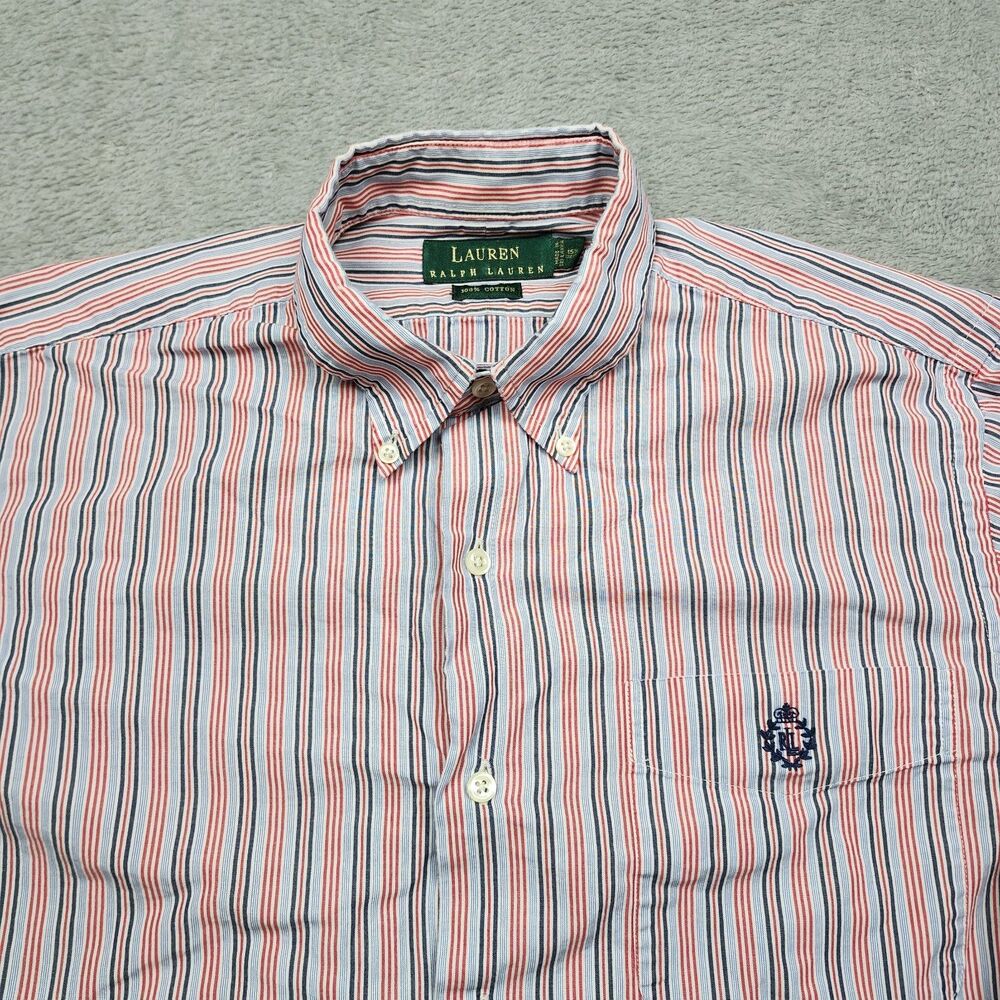 Lauren Ralph Lauren Mens 15.5 32 33 Red Blue Stripe Shirt Button Down Cotton - Picture 3 of 9